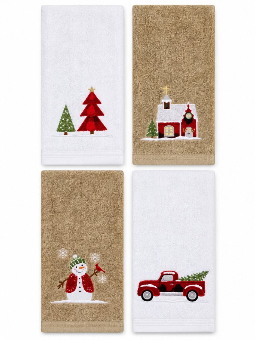 Christmas Fingertip Towels Set of 4 Embroidered Red Truck 11x18" Snowman Church